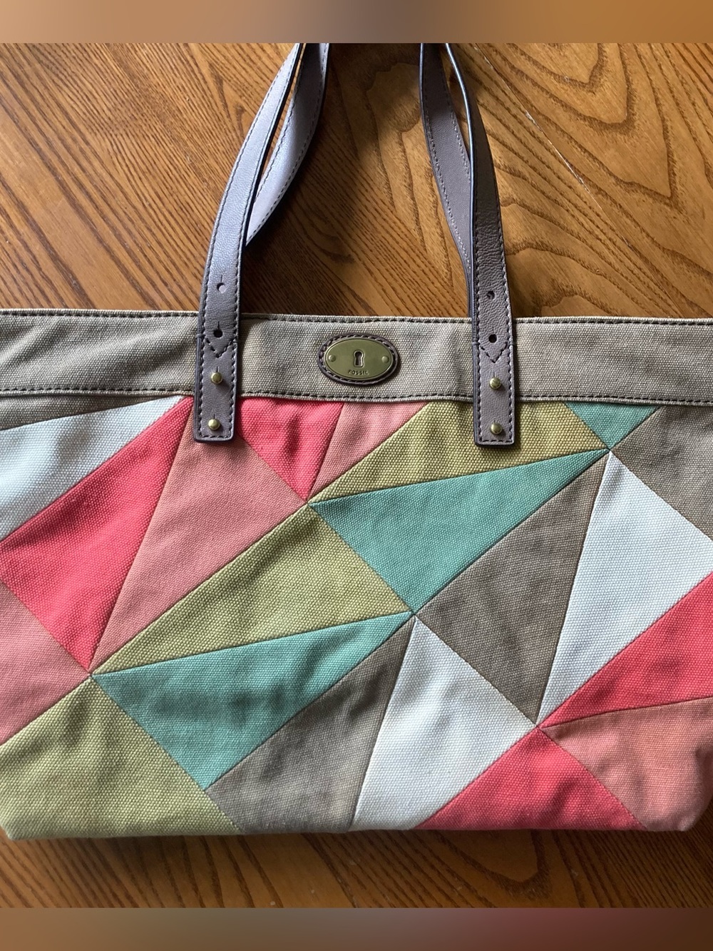 Fossil Geometric Patchwork Tote Bag in Coral, Mint & Taupe